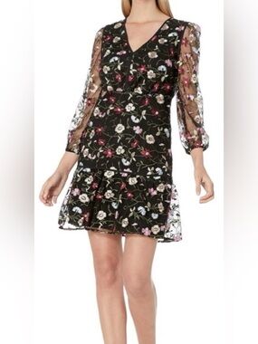 NWT!! Sam Edelman Embroidered Mesh Blouson Dress Black Multi Floral Size 10 NWT